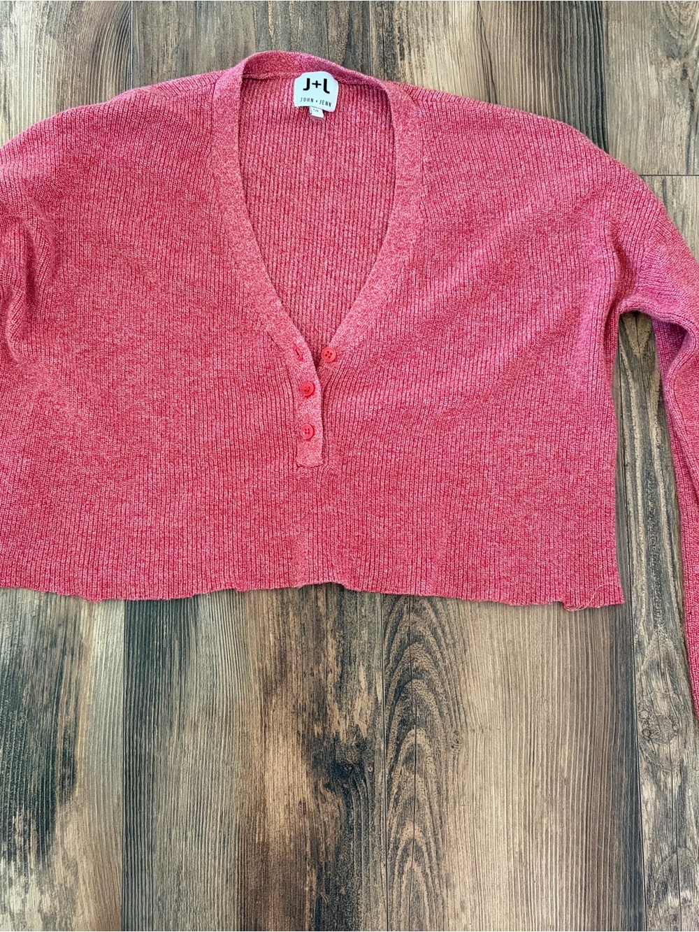 John + Jenn Cropped V-Neck Button Sweater in Coral Pink